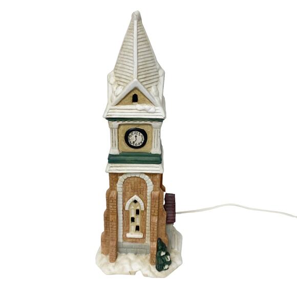 Village Square Christmas Holiday Ceramic Lighted Clock Tower - Picture 1 of 11
